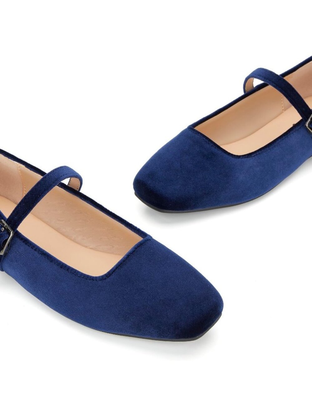 Women's Velvet Blue Comfortable Ankle Strap Square Toe Mary Jane Ballet Flat - Picture 3 of 6